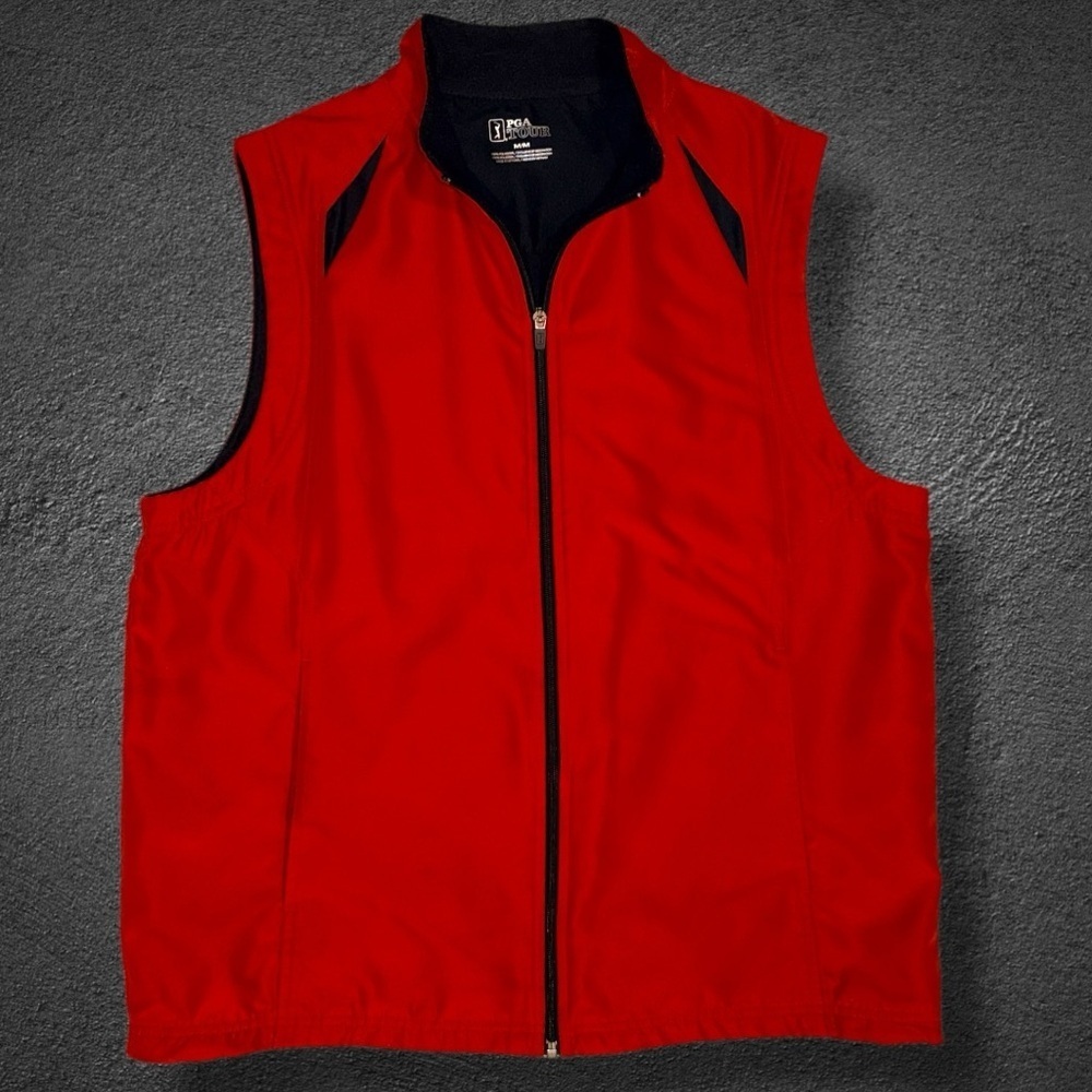PGA Tour Mens Vest Medium Red Black Full Zip Golf Performance Fleece-Lined